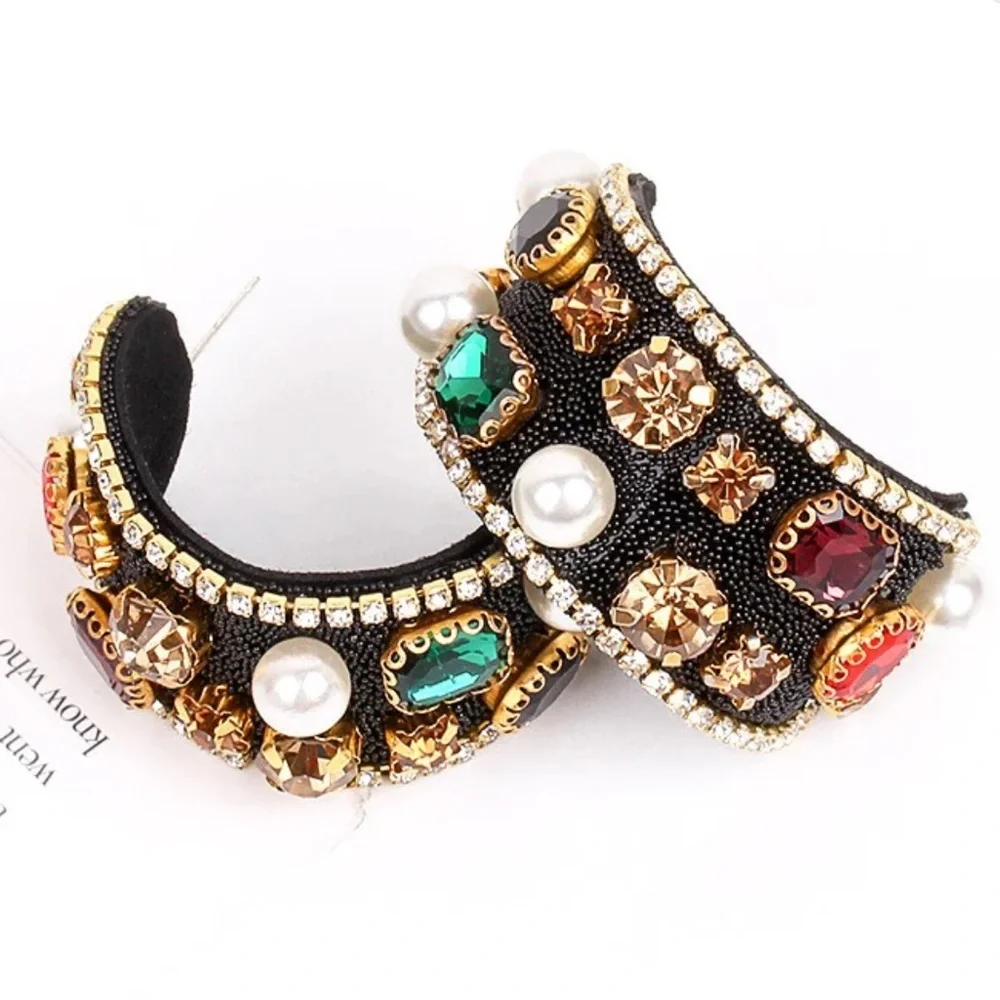 2/$30🌵 Bejeweled Thick Black Hoop Earrings Rhinestone Faux Pearl Royalty NEW